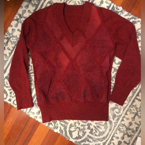 VINTAGE suede and knit V neck sweater - Picture 1 of 4